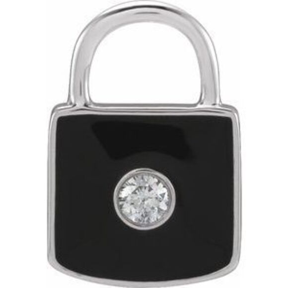 14K White Gold .035 CT Natural Diamond Black Enamel Lock Charm/Pendant